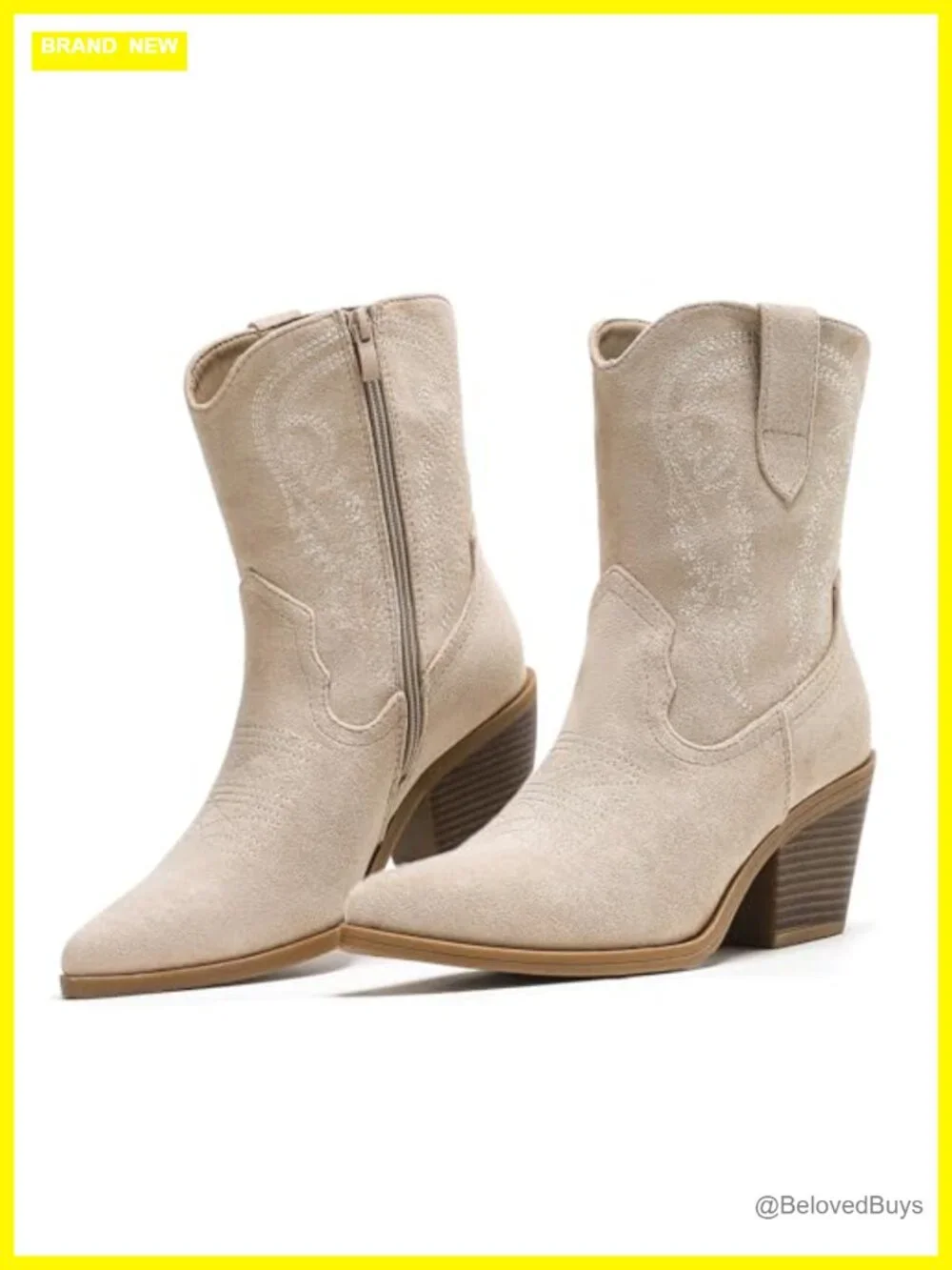 Faux Suede Cowboy Ankle Boots with Embroidery, Pointed Toe & Block Heel